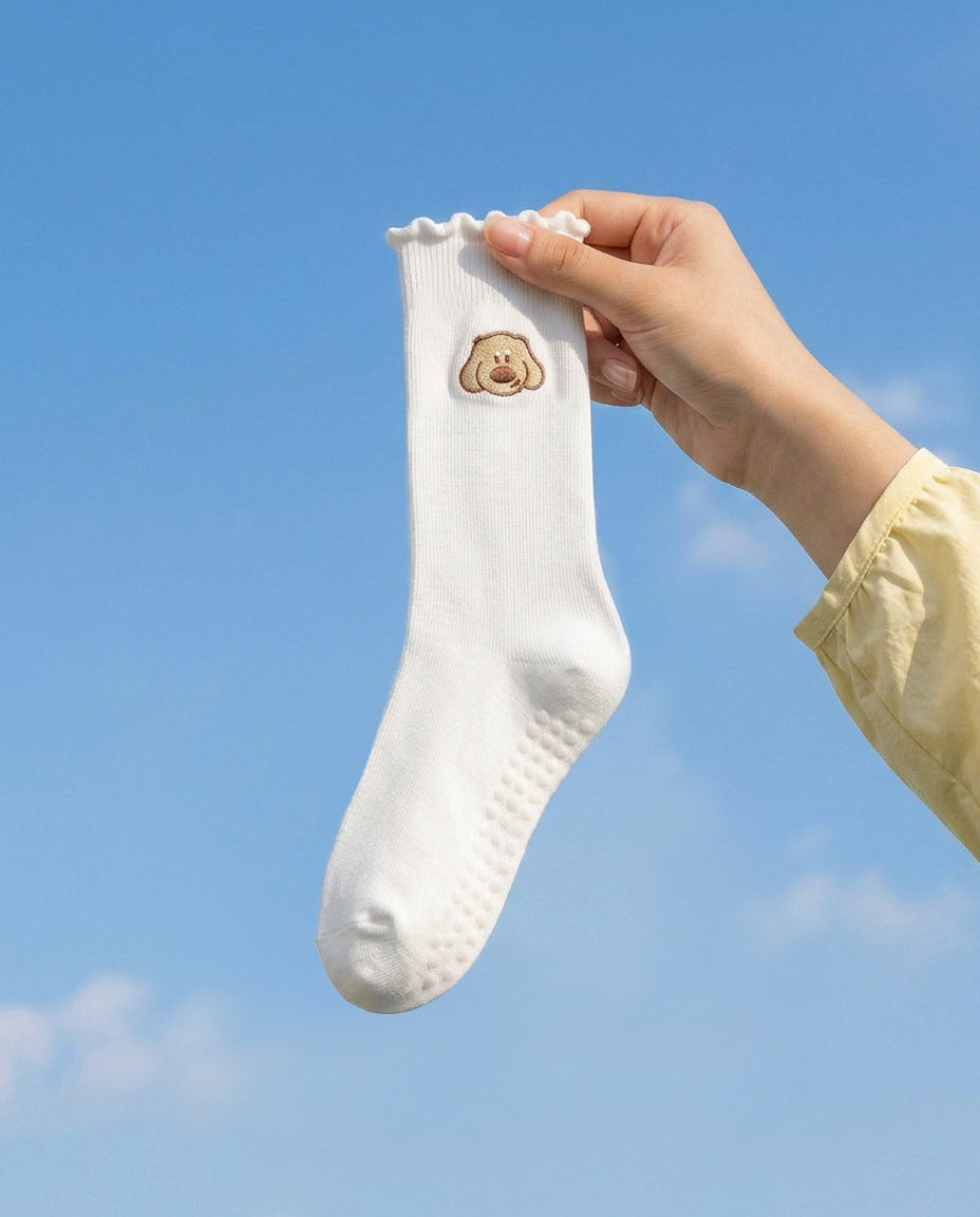 Crew Grip Socks, Baobao Embroidered White