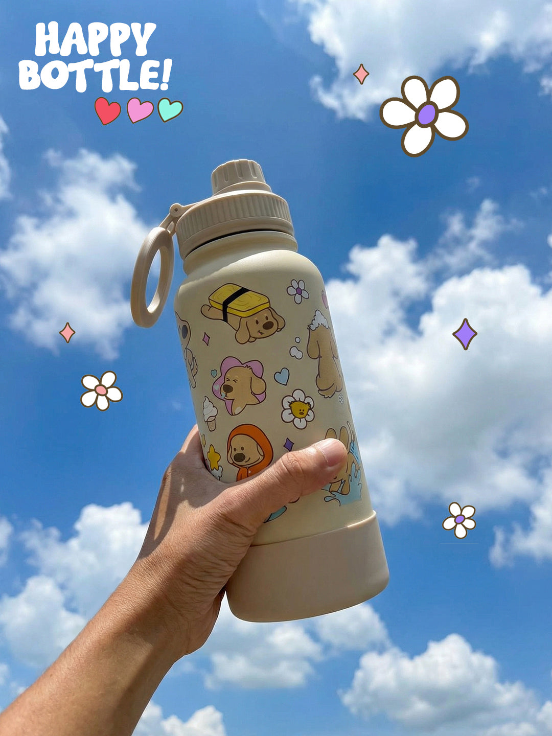 Happy Bottle 1 Litre, For Hot and Cold Drinks, MagSafe Compatible Phone Holder, Tripod Adjustable Angles