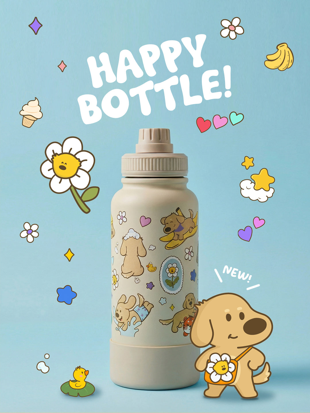 Happy Bottle 1 Litre, For Hot and Cold Drinks, MagSafe Compatible Phone Holder, Tripod Adjustable Angles