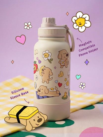 Happy Bottle 1 Litre, For Hot and Cold Drinks, MagSafe Compatible Phone Holder, Tripod Adjustable Angles