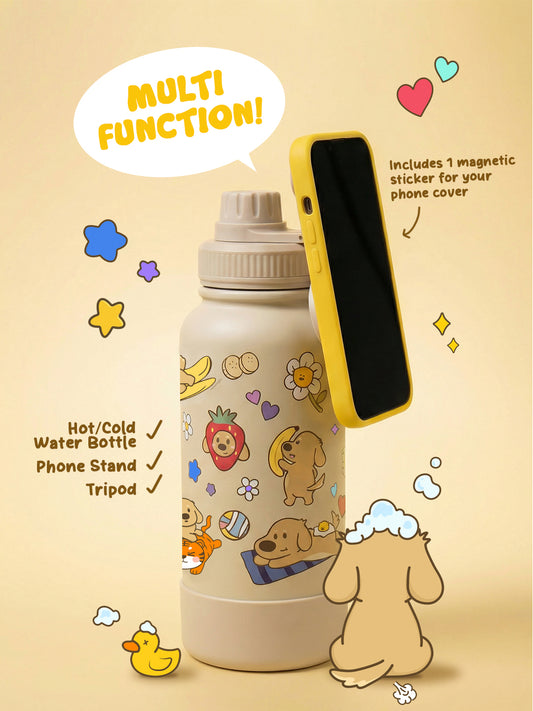 Happy Bottle 1 Litre, For Hot and Cold Drinks, MagSafe Compatible Phone Holder, Tripod Adjustable Angles